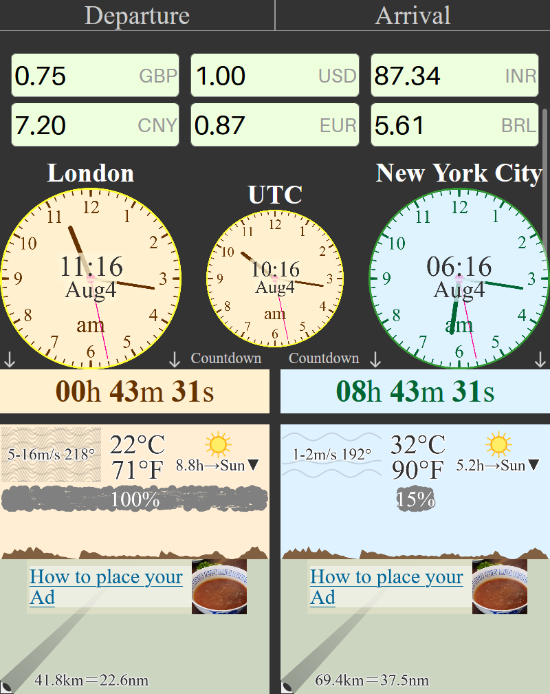 countdown.travel app: precise clocks, proper time zones, nice countdowns, weather forecast block